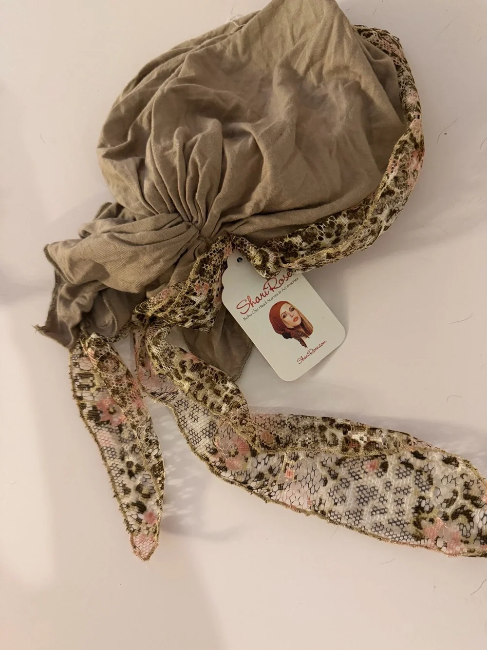 Sharirose Beige Floral Lace Headscarf Wrap - still available on website!